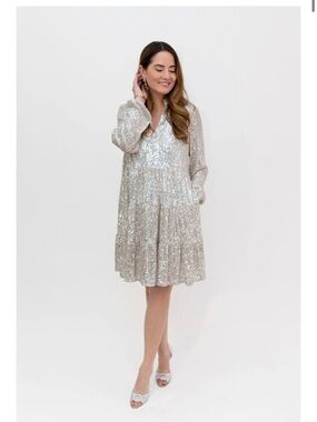 Sail to Sable Charlotte Sequin Dress Silver Long Sleeve Tiered Mini XS